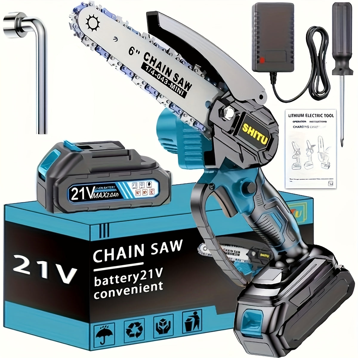 Mini cordless chainsaw held in one hand pruning a tree branch
